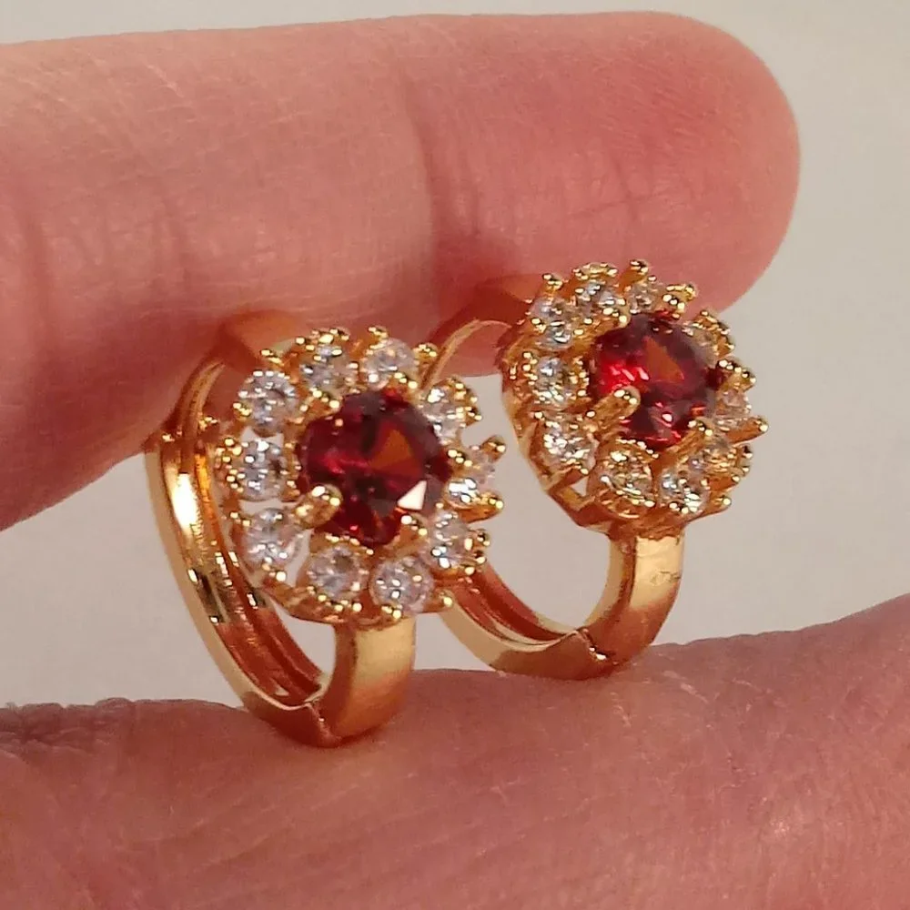 18K Yellow Gold Filled Flower Garnet Red Diamond Zircon Hoop Huggie Earrings